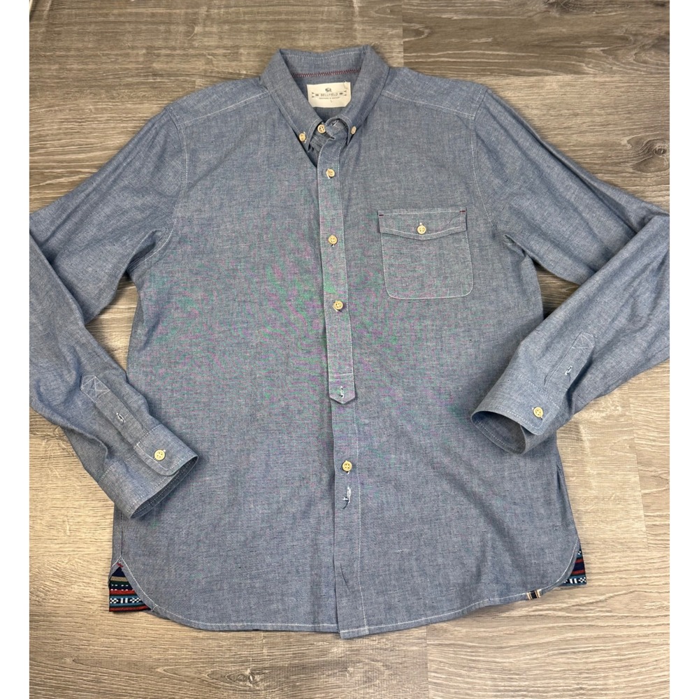 Bellfield Mens Blue Chambray Button Down Shirt Long Sleeve Cotton Blend Large